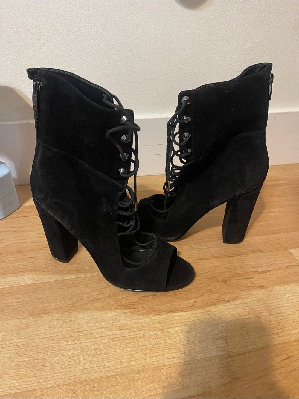 Kendall & Kylie Black Lace-Up Suede Peep-Toe Block Heel Ankle Boots